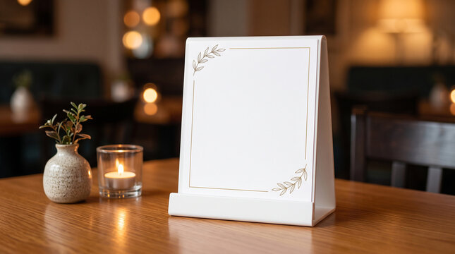 Blank white table menu display in dimly lit restaurant with restaurant, template