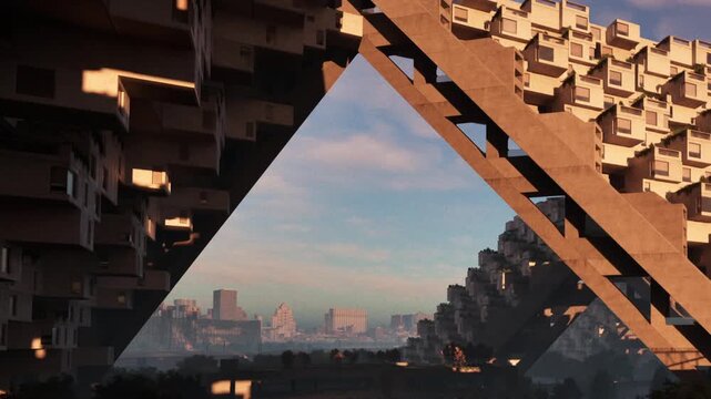 The scene shows a modern urban area with large buildings shaped like blocks. The edges form distinct angles with a city skyline visible in the background during daylight.