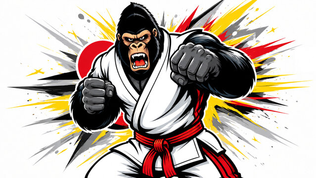 Angry gorilla judo fighter character in white gi vector mascot logo
