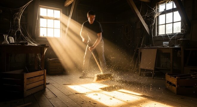 Man sweeping dusty wooden floor in sunlit attic workshop with dramatic light rays