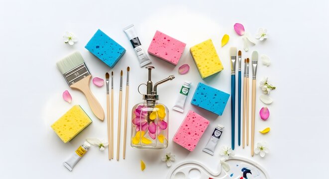 Art supplies with colorful sponges and paint brushes on a white background