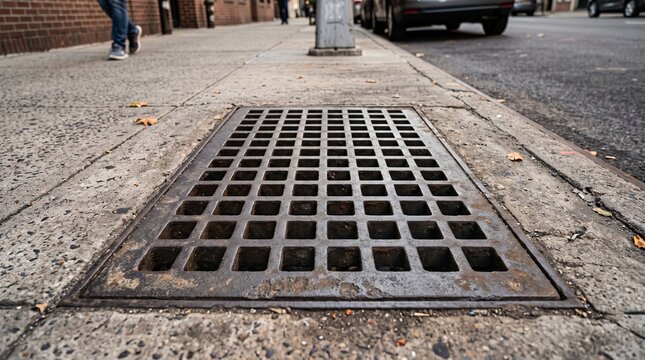 Closeup cast iron sidewalk grate on urban concrete curb with pedestrians
