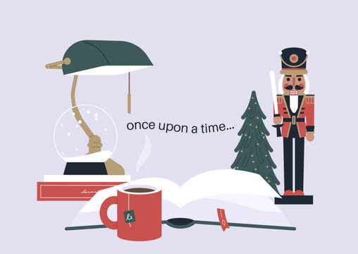 Reading a Christmas storybook, a cozy interior with a green library lamp and a nutcracker, a magical winter holiday atmosphere
