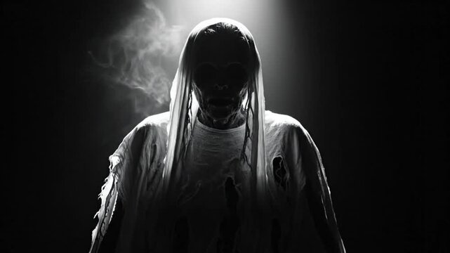 Spooky figure in tattered white fabric emerges from darkness and smoky background for horror scene