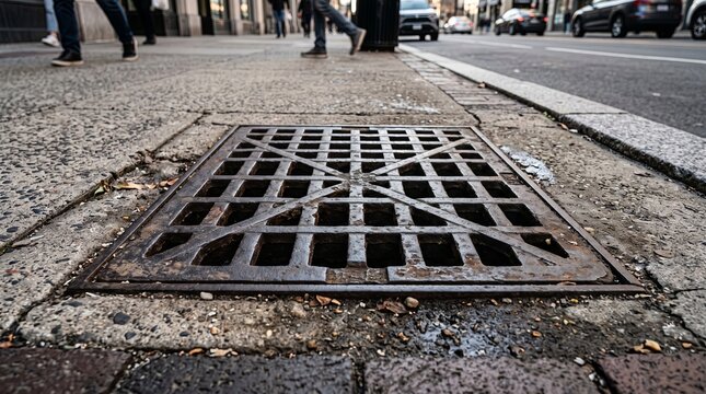Closeup of rusted metal storm drain grate on city sidewalk with pedestrians in background