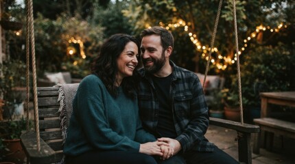 Fototapeta premium Couple Smiling Together in Cozy Outdoor Setting