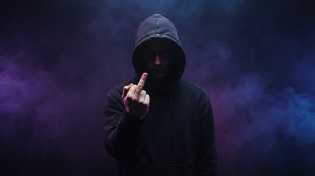 Man in Hoodie Making Gesture with Middle Finger