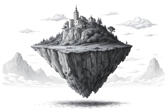 Floating island with medieval castle illustration
