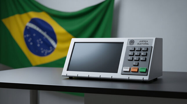 Brazilian voting machine on a gray desk captured in soft direct light horizontally