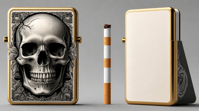 Luxury cigarette case with skull illustration and floral frame engraving, open box revealing cigarettes.
