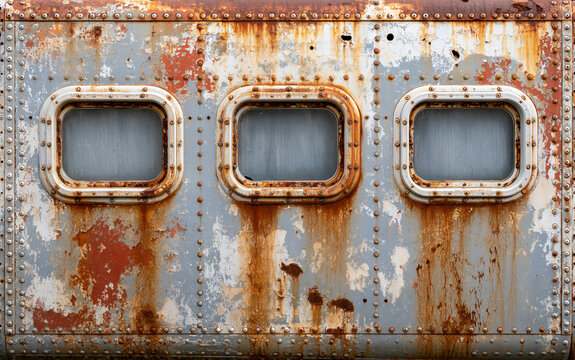 Exterior of weathered aircraft panel with three small windows. Surface shows rust corrosion and visible rivets. Aged metal texture has peeling paint chips