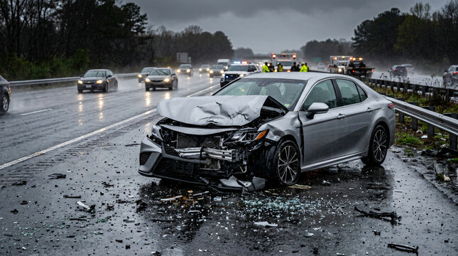 Professional stock photo of a silver car with a smashed front bumper after an accident. Gloomy daytime highway scene detailing vehicle collision damage for auto insurance concept.