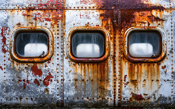 Exterior of weathered aircraft panel with three small windows. Surface shows rust corrosion and visible rivets. Aged metal texture has peeling paint chips