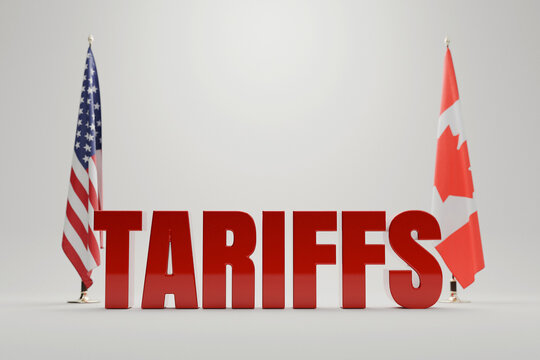 3D bold red word TARIFFS placed between the US flag and Canadian flag isolated on white background. illustration concept of trade war, import tax duties, and US-Canada economic policy.