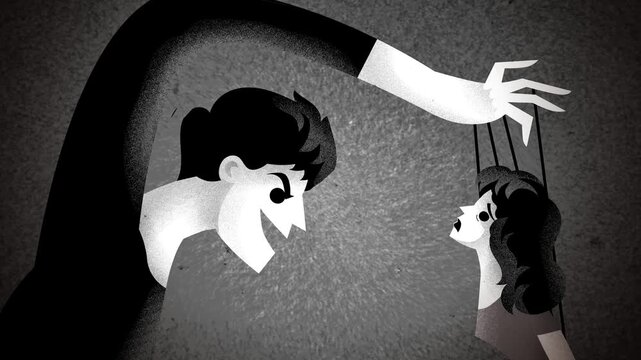 manipulative man using gaslighting to control woman like a puppet