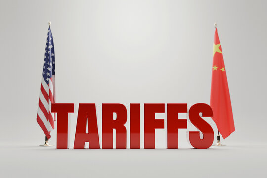 3D bold red letters spelling TARIFFS placed between the US and China flags on a clean white background. Represents trade war, economic confrontation, import duties, and international commerce.
