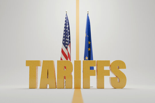 large golden 3D letters spelling TARIFFS placed between US and EU flags, illustrating trade barriers, customs duties, and economic relations. Trade war, concept. Crisis