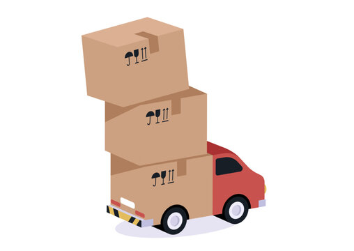 A vibrant red truck carries a tall stack of three neatly arranged boxes, symbolizing efficiency in delivery, This scene captures the essence of modern logistics and storage.