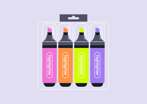 A pack of four neon highlighters sits neatly in its clear case, ready to brighten notes and art, Each marker glows with lively shades, perfect for adding flair and organization.