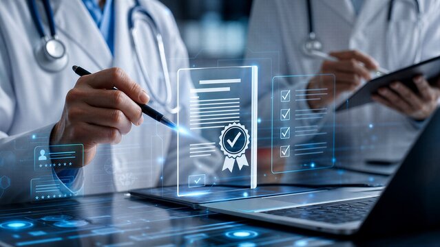 Medical officers collaborating with virtual documents and analyst checklists for quality management, ISO assurance, and strategic planning in a futuristic digital healthcare