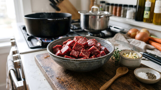 Raw beef cubes in bowl for cooking dinner recipe