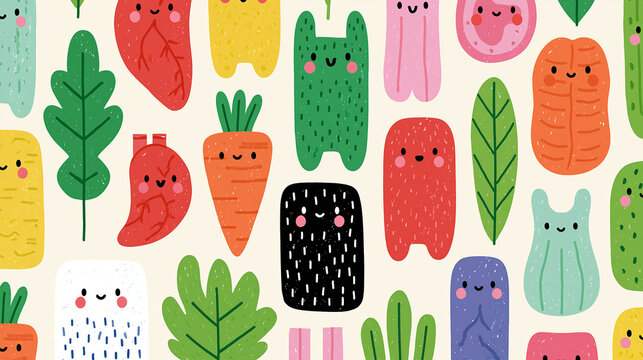 Colorful cartoon vegetables and cute characters on a light background.