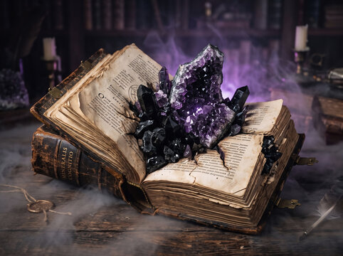 Open antique spell book with glowing amethyst crystal cluster in a dark mystical library