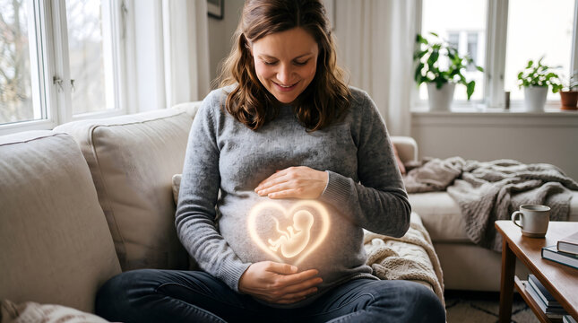 Pregnant woman holding belly with glowing heart baby ultrasound concept