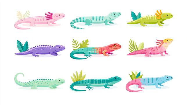 Colorful collection of cartoon lizards with various patterns and styles.