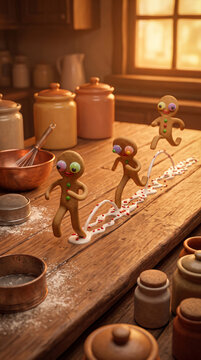 Living 3D gingerbread man jumping on a kitchen counter. &middot;