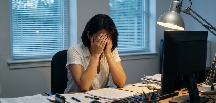Woman overwhelmed with stress at a cluttered office desk, symbolizing mental health struggles in a modern workspace.