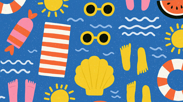 Colorful summer pattern with beach items, perfect for summer vibes and fun.
