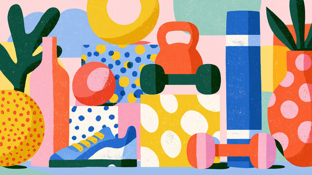 Colorful fitness elements arranged artistically with abstract shapes and patterns.