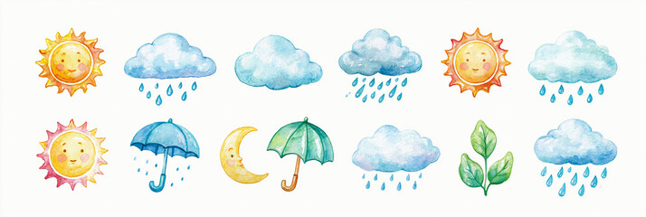 Obraz premium Colorful weather icons featuring sun, clouds, rain, moon, and umbrellas.