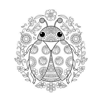 Detailed ladybug illustration with intricate floral patterns and symmetrical circular ornaments, concept for coloring book mandala animals and stress relief art therapy, perfect for creative