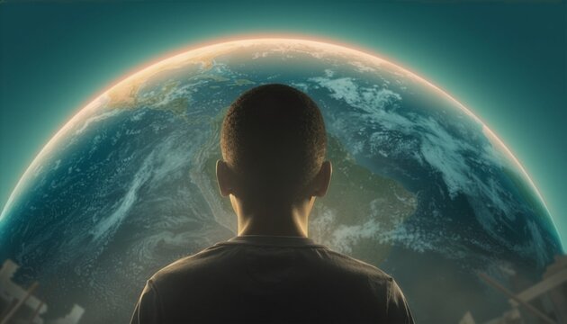 A cinematic rear view of a young boy looking forward at a massive glowing planet Earth with a bright atmospheric horizon line, symbolizing future generations, climate hope, and global unity.
