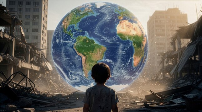 A conceptual rear view of a young child standing amidst urban ruins and debris, looking forward at a massive glowing planet Earth globe backdrop, symbolizing future hope or global crisis.