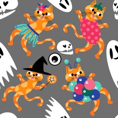 Fototapeta premium Halloween animals seamless cats pattern for wrapping paper and fabrics and linens and kids clothes print