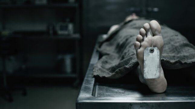 Foot of Body on Metal Autopsy Table with ID Tag