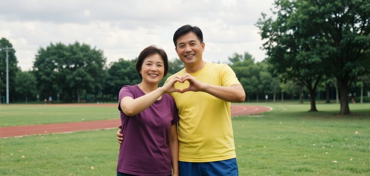 Joyful middle-aged couple demonstrating active aging and healthy living in a park setting.