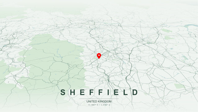 Minimalist vector map of Sheffield, South Yorkshire, England, United Kingdom. High-quality scalable illustration of Sheffield geographic boundaries along River Don, River Sheaf confluence for posters 