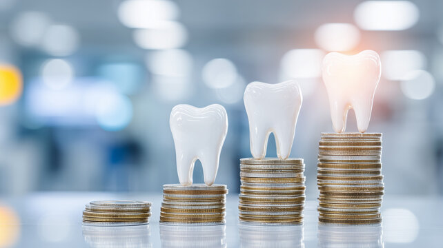 Teeth displayed above rising stacks of coins represent dental care costs and financial planning for oral health.
