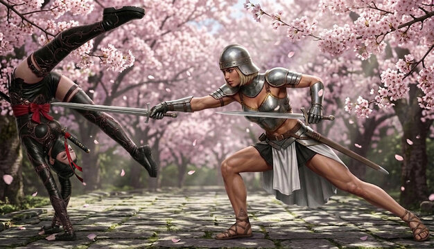 Armored female knight battling ninja among blooming cherry blossom trees
