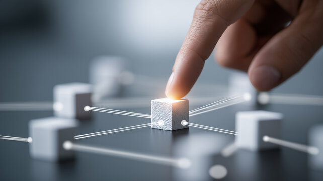 A finger selecting a connected network node represents centralized control and digital infrastructure management.
