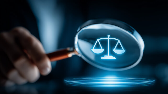 A magnifying glass revealing justice scales represents legal research and detailed regulatory compliance analysis.
