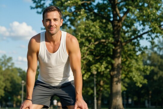 Fit man taking a break during outdoor wellness and fitness exercise in a sunny park setting.