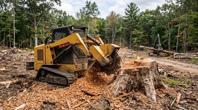 Powerful equipment operates to grind tree stumps in a lush forest environment
