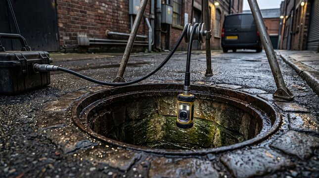 Industrial scene well lit inspection of a dark underground access point in urban alley