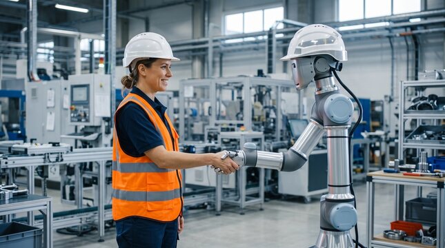 Female engineer shaking hands with a collaborative robot in a modern factory setting