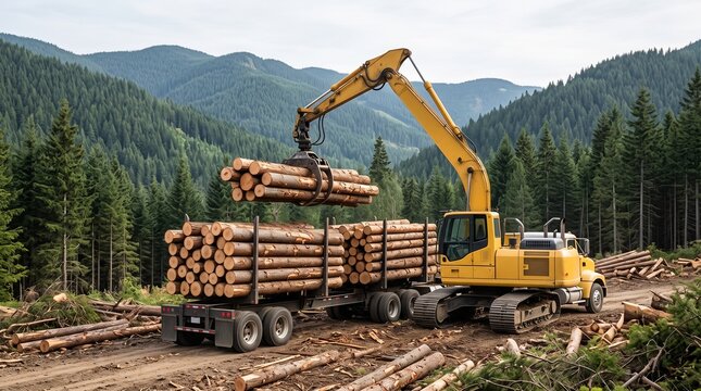 Powerful machinery transporting timber onto a vehicle in a lush forest environment